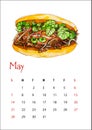 May 2023 calendar sheet,Vietnamese sandwich Banh Mi Ga with beef, watercolor sketch, illustration, isolate, a4