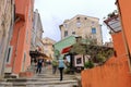 May 27 2023 - Corte, Island of Corsica, France: Tourists walking in historic downtown of Corte city in Corsica surrounded by Royalty Free Stock Photo