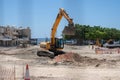 May 11, 2021 Cyprus, Paphos. Construction machinery during road repair work at construction site near harbor in Paphos