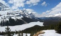 Banff National Park Landscape Panorama of Frozen Peyto Lake in Canadian Rocky Mountains from Bow Summit, Alberta, Canada Royalty Free Stock Photo