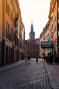 Ancient narrow streets of Dresden. FÃÂ¼rstenzug wall on the background.