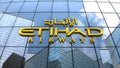 Editorial, Etihad Airways logo on glass building.