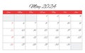 May 2024 ENGLISH month calendar. Vector printable illustration. Monthly planning for business events