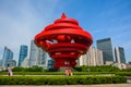 May Fourth Square on a sunny day with tourists, a famous tourist attraction in Qingdao city Shandong province China.