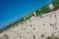 MAY 25, 2017 - Freight train with green cargo containers winds its way through Nevada landscape. Infinity, Railing