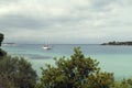 05 May 2019 Greece One yacht sailing in the bay of  Aegean sea in Sithonia Royalty Free Stock Photo