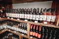 assortment of various semi-sweet wines of the Ijevan brand is sold on display in the shop at the