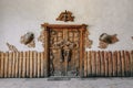 Carved wooden door to the wine cellar in Ijevan winery Royalty Free Stock Photo