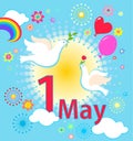 1 May International Labor Day. Greeting card with doves, sun, balloons, rainbow and flowers for celebration Mayday, Spring and Lab
