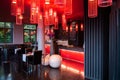 Modern vibrant interior bar lounge with furniture