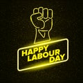 1 may Labor day poster with neon glowing orange protest fist isolated on black night starry background. Mayday Labour