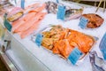 Salmon Fillet in Ice on the supermarket counter, healthy fresh sea food Royalty Free Stock Photo