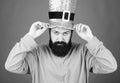 May the luck of the irish be with you. Irish man with beard wearing green. Hipster in leprechaun costume touching hat Royalty Free Stock Photo