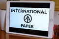 May 2022 Milan, Italy: International paper company logo icon on tablet screen. International illustrative brand icon
