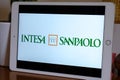 May 2022 Milan, Italy: Intesa SanPaolo company logo icon on tablet screen close-up. Intesa SanPaolo illustrative brand icon