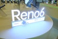 May 2022 Milan, Italy: Reno6 logo icon close-up in the electronics store. Oppo smartphone logo icon close-up