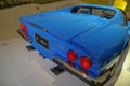 May 2022 Modena, Italy: Blue Ferrari car in the Ferrari Museum close-up from behind