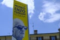 May 2022 Modena, Italy: Museum of Enzo Ferrari banner sign across the blue sky. Entrance of the Museum Enzo Ferrari