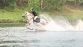May 20, 2018. Moscow. One horsewomen force by wading the river astride horses