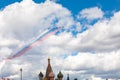 May 7, 2021, Moscow, Russia. a flight of Su-25 attack aircraft with smoke in the colors of the Russian flag. parade. Royalty Free Stock Photo