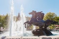 Four seasons of the year and geyser fountain on Manege Square