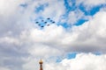 May 7, 2021, Moscow, Russia. A group of Su-30SM Russian Knights and MiG-29 Swifts fly Red Square