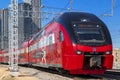 May 26, 2021 - Moscow, Russia: Modern double-decker high-speed passenger rail transport. Aeroexpress  train to airport. Red and Royalty Free Stock Photo