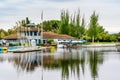 May 9, 2019 Mountain View / CA / USA - Shoreline Lake Boathouse in Shoreline Lake Park on a cloudy spring day