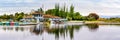 May 9, 2019 Mountain View / CA / USA - Shoreline Lake Boathouse in Shoreline Lake Park on a cloudy spring day