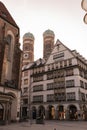 22 May 2019 Munich, Germany - trade centre of Munich, Frauenkirche, narrow streets at Mitte