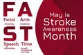 May is National Stroke Awareness Month. Stroke symptoms. Mnemonic concept. Template for background, banner, card, poster