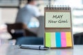 May New Goal with note paper reminder template with pen on wooden table. Copy space for your text