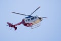 May 15, 2020 Palo Alto / CA / USA - Stanford Health Care Life Flight Helicopter in mid flight; The Stanford Life Flight program