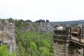 May 14 2023 - Rathen, Saxon Switzerland, Germany: people enjoy the Rock formations of the Elbe sandstone mountains around the