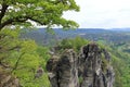 May 14 2023 - Rathen, Saxon Switzerland, Germany: people enjoy the Rock formations of the Elbe sandstone mountains around the