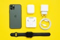 Mobile phone iPhone, wireless headphones AirPods in box with case, Apple Watch S4 with sport band, USB Lightning Cable