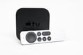 May 29, Rostov, Russia: New unpacked Apple TV 4K console and Siri Remote control with a touch-enabled clickpad laying