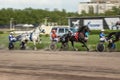 May 16, 2021, Russia, Central Moscow Racetrack. Races of horses trotters with a carriage. Long exposure effect