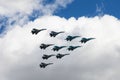 May 7, 2021, Russia, Moscow. Group of Air Force jet fighters The Russian Knights performs demonstration flight in the