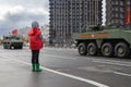 May 4, 2021, Russia, Moscow. Rehearsal of the victory parade in the Great Patriotic War. A child looks at army