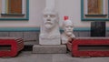 May 11, 2021. Russia, Moscow, two white sculptures of Lenin`s head inside the cultural and entertainment complex The Izmailovo