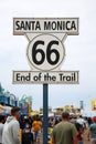 May 14, 2021 Santa Monica California, USA: End of Route 66 Sign on the Santa Monica Pier. Highway Sign that reads the End of the Royalty Free Stock Photo