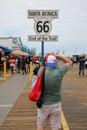 May 14, 2021 Santa Monica California, USA: End of Route 66 Sign on the Santa Monica Pier. Highway Sign that reads the End of the Royalty Free Stock Photo