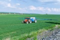 9 May 2022 Skutec, Czech Republic: Tractor goes to wheat field to spray wheat from pests or weeds.