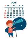 May. Space calendar planner 2023. Weekly scheduling, planets, space objects. Week starts on Sunday. White background