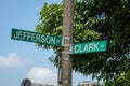 MAY 15, ST LOUIS, MO, USA Road sign for Thomas Jefferson and William Clark in St. Louis, Mo. symbolizing Lewis and Clark