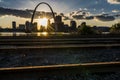 MAY 2019, ST LOUIS, MO., USA - Sunset on St. Louis, Missouri skyline on Mississippi River - shot from East St. Louis, Illinois Royalty Free Stock Photo