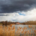 May storm at the ancient Maltese castle. Spring sunny landscape in the ancient Russian city of Gatchina. Russia Royalty Free Stock Photo