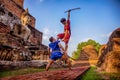 18 May 2019 , Sukhothai Thailand , Two Thai men practice martial arts, Thai boxing with a sword as a weapon