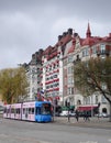 May Sunday walk in the center of Stockholm, a city tram Royalty Free Stock Photo